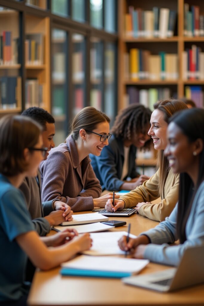 Diverse students with essay tutor in library working on custom academic writing and university assignments